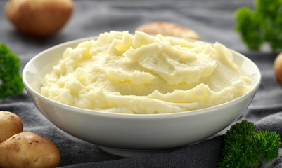 Mashed potatoes in white bowl. Healthy food