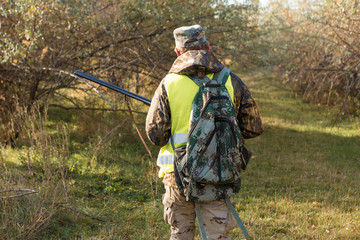 Hunter with a german drathaar and spaniel, pigeon hunting with dogs in reflective vests	