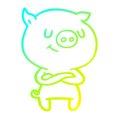 cold gradient line drawing happy cartoon pig with crossed arms