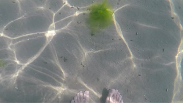 Feet walking along the bottom of the sea. Bare feet of a man walking on the seabed.
