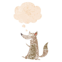 cartoon wolf and thought bubble in retro textured style