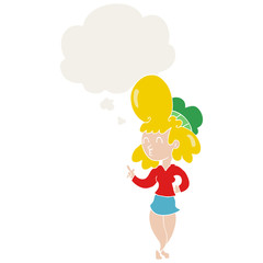 cartoon woman with big hair and thought bubble in retro style