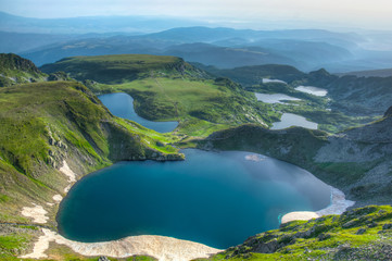 Sunrise aerial view of seven rila lakes in Bulgaria