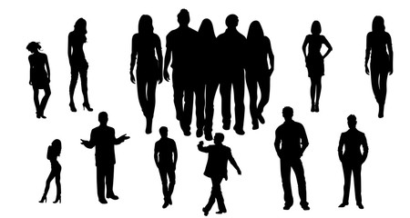 Silhouettes of men and women on white background