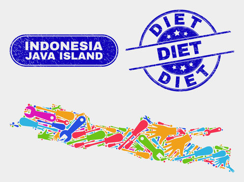 Assemble Java Island map and blue Diet textured seal. Colored vector Java Island map mosaic of equipment. Blue round Diet seal.