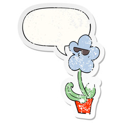 cool cartoon flower and speech bubble distressed sticker