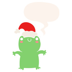 cute cartoon frog wearing christmas hat and speech bubble in retro style