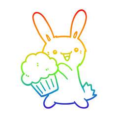 rainbow gradient line drawing cute cartoon rabbit with muffin