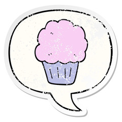 cartoon cupcake and speech bubble distressed sticker
