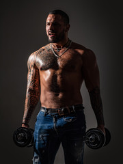Fototapeta na wymiar There is no limit to perfection. Work out concept. Macho confident face with muscular body sportsman bodybuilder. Muscular macho six packs hold dumbbells. Guy attractive working out. Muscular torso