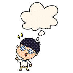 cartoon clever boy and thought bubble in comic book style