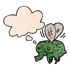cartoon fly and thought bubble in grunge texture pattern style