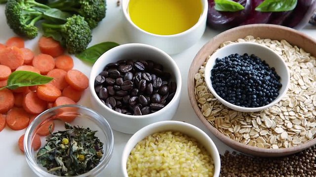 Liver detox diet food concept. Foods for healthy liver. Health foods high in antioxidants and fiber. Top view 