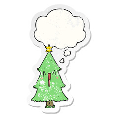 cartoon christmas tree and thought bubble as a distressed worn sticker