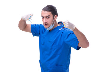 Fototapeta premium Young handsome doctor with syringe isolated on white 