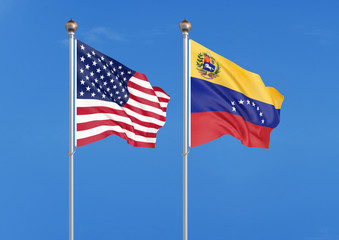 United States of America vs Venezuela. Thick colored silky flags of America and Argentina. 3D illustration on sky background. – Illustration
