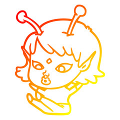 warm gradient line drawing pretty cartoon alien girl sitting