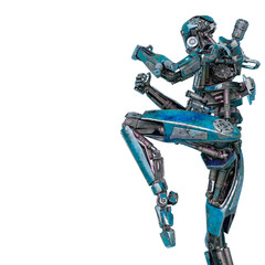 ninja robot kiking in a white background © DM7