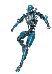 ninja robot landing in a white background