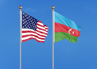 United States of America vs Azerbaijan. Thick colored silky flags of America and Azerbaijan. 3D illustration on sky background. - Illustration