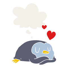 cartoon penguin in love and thought bubble in retro style