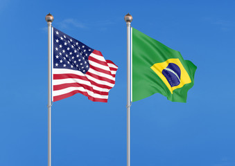 United States of America vs Brazil. Thick colored silky flags of America and Brazil. 3D illustration on sky background. - Illustration