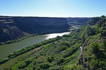 Tha Snake River and Snake River Canyon at first light in Twin Falls, Idaho.