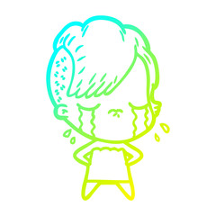 cold gradient line drawing cartoon crying girl