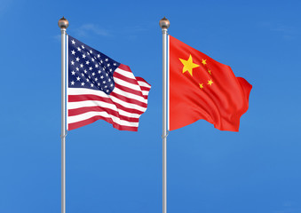 United States of America vs China. Thick colored silky flags of America and China. 3D illustration on sky background. - Illustration