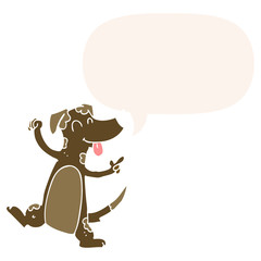 cartoon dancing dog and speech bubble in retro style