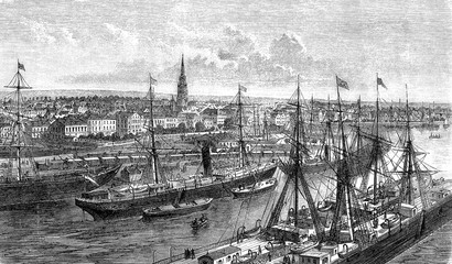 Panoramic view of Bremenhaven seaport of the Free hanseatic city of Bremen on the mouth of Weser river in 19th century