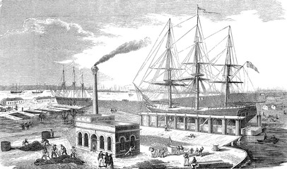 View of the docks area of the port of London on the Thames river, Victoria docks 1859