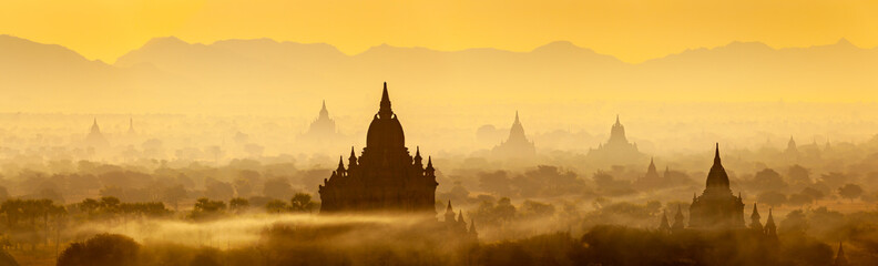 Sunrise landscape view with silhouettes of old temples, Bagan, Myanmar (Burma)