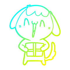 cold gradient line drawing cute cartoon dog with christmas present