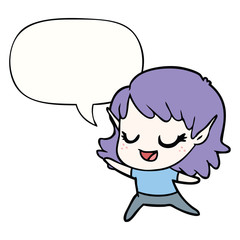 carton happy elf girl dancing and speech bubble
