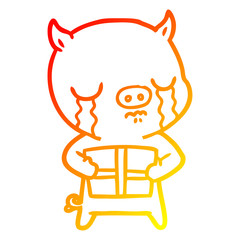 warm gradient line drawing cartoon pig crying over christmas present