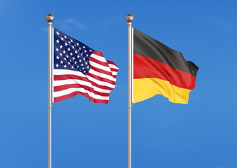 United States of America vs Germany. Thick colored silky flags of America and Germany. 3D illustration on sky background. - Illustration