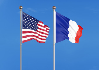 United States of America vs France. Thick colored silky flags of America and France. 3D illustration on sky background. - Illustration