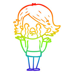 rainbow gradient line drawing cartoon woman crying