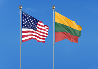 United States of America vs Lithuania. Thick colored silky flags of America and Lithuania. 3D illustration on sky background. - Illustration