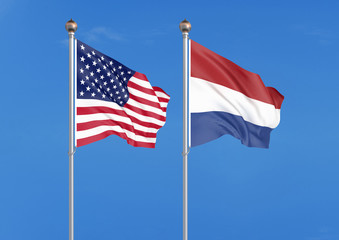 United States of America vs Netherlands. Thick colored silky flags of America and Netherlands. 3D illustration on sky background. - Illustration