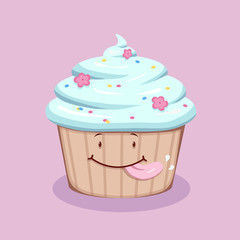 Cute licking cupcake with smiling face and blue cream decorated with pink flowers