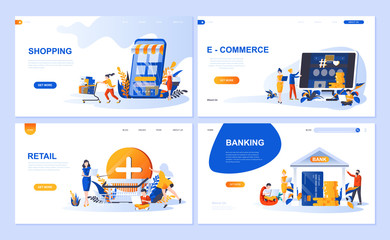 Obraz na płótnie Canvas Set of landing page template for Online Shopping, E-commerce, Retail, Internet Banking. Modern vector illustration flat concepts decorated people character for website and mobile website development.