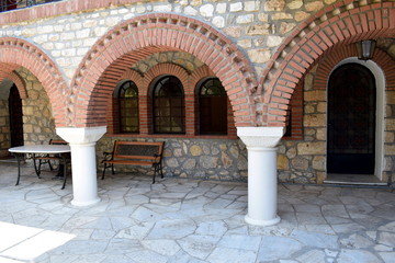 wooden bench in a Greek Monastery