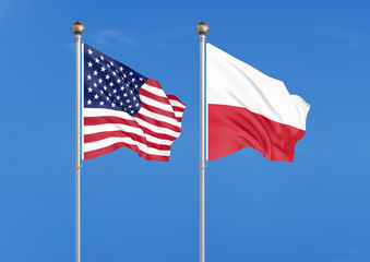 United States of America vs Poland. Thick colored silky flags of America and Poland. 3D illustration on sky background. - Illustration