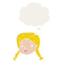 cartoon girls face and thought bubble in retro style