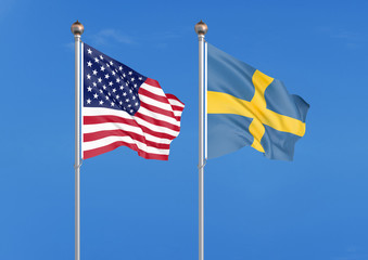 United States of America vs Sweden. Thick colored silky flags of America and Sweden. 3D illustration on sky background. - Illustration
