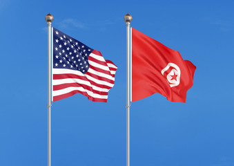 United States of America vs Tunisia. Thick colored silky flags of America and Tunisia. 3D illustration on sky background. - Illustration