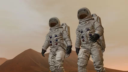 Schilderijen op glas 3D rendering. Colony on Mars. Two Astronauts Wearing Space Suit Walking On The Surface Of Mars. © merlin74