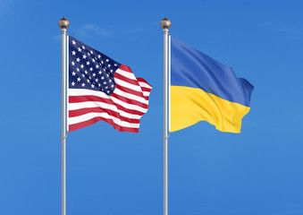 United States of America vs Ukraine. Thick colored silky flags of America and Ukraine. 3D illustration on sky background. - Illustration